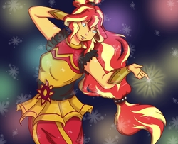 Size: 2479x2011 | Tagged: safe, artist:kenishra, sunset shimmer, equestria girls, equestria girls specials, g4, my little pony equestria girls: dance magic, alternate hairstyle, breasts, clothes, dancing, dress, female, flamenco dress, high res, smiling, solo, sunset shimmer flamenco dress