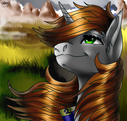 Size: 1050x1000 | Tagged: safe, artist:brainiac, oc, oc only, oc:littlepip, earth pony, pony, unicorn, fallout equestria, bust, clothes, fanfic, fanfic art, female, field, grass, grass field, horn, jumpsuit, mare, solo, vault suit