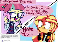 Size: 1378x999 | Tagged: safe, artist:psychodiamondstar, sour sweet, sunset shimmer, equestria girls, g4, cellphone, crying, disguise, female, impersonating, implied lesbian, implied sci-twi, implied twilight sparkle, joke, phone, prank, prank call, sad, story included