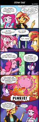 Size: 800x2504 | Tagged: safe, artist:uotapo, pinkie pie, sunset shimmer, twilight sparkle, alicorn, earth pony, pony, unicorn, equestria girls, g4, not asking for trouble, season 3, season 7, too many pinkie pies, clothes, comic, dialogue, female, human pony pinkie pie, imminent death, inflation, magic, mare, murder, smiling, speech bubble, this will end in death, thought bubble, trigger happy twilight, twilight sparkle (alicorn)