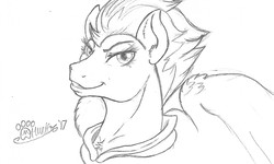 Size: 1280x766 | Tagged: safe, artist:marcushunter, spitfire, pony, g4, bust, female, grin, monochrome, signature, sketch, smiling, solo, traditional art