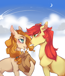 Size: 1024x1195 | Tagged: safe, artist:notthemosttalented, bright mac, pear butter, earth pony, pony, g4, the perfect pear, applejack's parents, blushing, cloud, ear fluff, female, floppy ears, frown, looking at each other, male, mare, moon, open mouth, raised hoof, ship:brightbutter, shipping, smiling, stallion, stars, straight