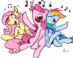 Size: 1500x1200 | Tagged: safe, artist:rwl, fluttershy, pinkie pie, rainbow dash, earth pony, pegasus, pony, g4, blushing, cute, eyes closed, music, music notes, nose in the air, open mouth, simple background, singing, sitting, trio, white background