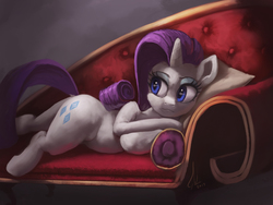 Size: 1244x933 | Tagged: safe, artist:grissaecrim, rarity, pony, unicorn, g4, couch, draw me like one of your french girls, eyeshadow, fainting couch, female, lying down, makeup, mare, on side, solo