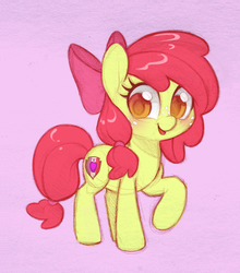 Size: 1583x1802 | Tagged: safe, artist:dawnfire, apple bloom, earth pony, pony, g4, adorabloom, alternate hairstyle, blushing, bow, colored sketch, cute, digital art, female, filly, freckles, hair bow, open mouth, pink background, raised hoof, sketch, smiling, solo, traditional art