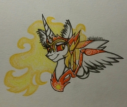 Size: 2334x1972 | Tagged: safe, artist:raritylover152, daybreaker, alicorn, pony, a royal problem, g4, ear fluff, female, helmet, mare, simple background, smiling, solo, sternocleidomastoid, traditional art, white background