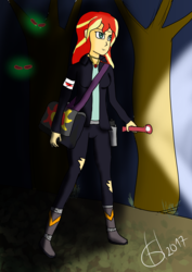 Size: 2893x4092 | Tagged: safe, artist:goldhajik, sunset shimmer, equestria girls, g4, bandage, clothes, darkness, female, flashlight (object), glowing eyes, high res, solo, torn clothes