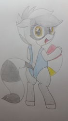 Size: 2988x5312 | Tagged: safe, artist:wafflecakes, oc, oc only, oc:bandy cyoot, pony, raccoon pony, beach ball, bipedal, clothes, cute, female, filly, high res, looking at you, looking back, looking back at you, one-piece swimsuit, open mouth, open-back swimsuit, smiling, solo, swimsuit, traditional art, younger