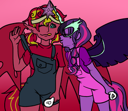 Size: 1278x1104 | Tagged: safe, artist:/d/non, sci-twi, sunset shimmer, twilight sparkle, equestria girls, g4, 30 minute art challenge, big crown thingy, clothes, female, jewelry, lesbian, midnight sparkle, midnightsatan, overalls, pigtails, regalia, ship:sci-twishimmer, ship:sunsetsparkle, shipping, shirt, sunset satan