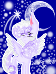 Size: 768x1024 | Tagged: safe, artist:galaxysultan, oc, oc only, oc:starstorm slumber, pegasus, pony, cute, female, moon, shooting star, solo, stars