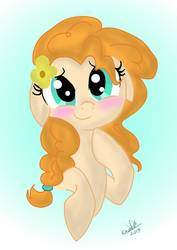 Size: 1000x1414 | Tagged: safe, artist:emositecc, pear butter, earth pony, pony, g4, the perfect pear, bust, female, floppy ears, flower, flower in hair, gradient background, mare, portrait, signature, smiling, solo
