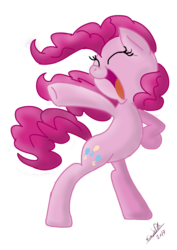 Size: 1000x1414 | Tagged: safe, artist:emositecc, pinkie pie, earth pony, pony, g4, bipedal, eyes closed, female, happy, mare, open mouth, signature, simple background, solo, transparent background