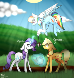 Size: 1024x1073 | Tagged: safe, artist:velvetyvictory, applejack, rainbow dash, rarity, earth pony, pegasus, pony, unicorn, g4, colored pupils, female, flying, hypnojack, hypnority, hypnosis, levitation, magic, mare, pendulum swing, personality swap, pocket watch, prank, signature, telekinesis