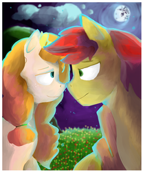 Size: 2500x3000 | Tagged: safe, artist:sapphmod, bright mac, pear butter, earth pony, pony, g4, the perfect pear, applejack's parents, colt, cute, female, flower, flower in hair, high res, male, mare, mare in the moon, moon, pearabetes, ship:brightbutter, shipping, straight