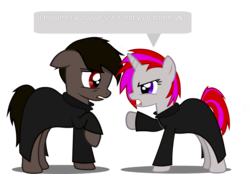 Size: 1435x1000 | Tagged: safe, artist:darksoma, oc, oc only, oc:lucas eight, oc:violet erisa, earth pony, pony, unicorn, angry, brother and sister, clothes, coats, confrontation, female, hoodie, male, point, purple eyes, redish eyes, simple background, species:darksider, spy, the darksiders, transparent background, upset, user:darksoma, vector