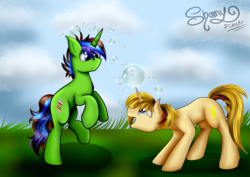 Size: 3499x2473 | Tagged: safe, artist:shamy-crist, oc, oc only, pony, unicorn, bubble, high res, male, stallion, standing, standing on one leg