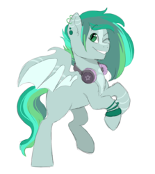Size: 480x539 | Tagged: safe, artist:khalilfrederick, oc, oc only, oc:nocturnal bass scratch, bat pony, pony, female, headphones, mare, offspring, one eye closed, parent:vinyl scratch, rearing, simple background, solo, white background, wink