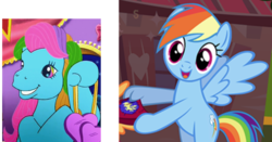 Size: 952x500 | Tagged: safe, gameloft, rainbow dash, rainbow dash (g3), scootaloo, pony, dancing in the clouds, g3, g4, cropped, dexterous hooves, generational ponidox, has science gone too far?, self ponidox, what has science done