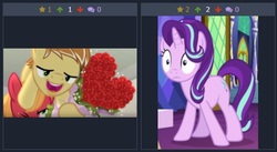 Size: 486x267 | Tagged: safe, big macintosh, feather bangs, starlight glimmer, earth pony, pony, derpibooru, all bottled up, g4, hard to say anything, juxtaposition, juxtaposition win, meme, meta, nope