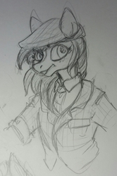 Size: 1821x2746 | Tagged: safe, artist:purple-blep, windy whistles, anthro, g4, 4chan, bust, clothes, drawthread, female, hat, monochrome, necktie, shirt, solo, suit, traditional art