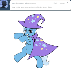 Size: 630x600 | Tagged: safe, artist:dekomaru, trixie, pony, tumblr:ask twixie, g4, animated, ask, cape, clothes, female, gif, hat, solo, standing, standing on one leg, thriller, trixie's cape, trixie's hat, tumblr