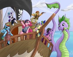 Size: 1024x805 | Tagged: safe, artist:victorydanceofficial, applejack, fluttershy, pinkie pie, rainbow dash, rarity, spike, twilight sparkle, alicorn, earth pony, parrot, pegasus, pony, sea serpent, unicorn, g4, cheering, clothes, cloud, eyepatch, female, gun, handgun, hat, knife, leaning, leaning forward, male, mane seven, mane six, mare, ocean, open mouth, outdoors, pirate, pirate ship, pistol, raised arm, rapier, ship, sitting, skull and crossbones, smiling, species swap, spread wings, sword, twilight sparkle (alicorn), underhoof, water, weapon, wings