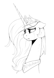 Size: 605x876 | Tagged: safe, artist:anticular, princess celestia, alicorn, pony, g4, crying, female, floppy ears, frown, mare, monochrome, necc, peytral, sad, simple background, solo, white background