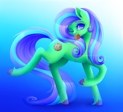 Size: 2200x2000 | Tagged: safe, artist:x-piiu, oc, oc only, oc:chafine, pony, commission, cookie, female, food, high res, looking at you, mare, mouth hold, one eye closed, raised hoof, raised leg, solo, wink