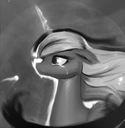 Size: 946x968 | Tagged: safe, artist:lmgchikess, princess luna, alicorn, pony, g4, bust, crying, female, floppy ears, mare, missing accessory, monochrome, portrait, solo