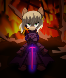 Size: 2200x2600 | Tagged: safe, artist:geraritydevillefort, applejack, earth pony, pony, g4, anime, armor, artoria pendragon, bipedal, blood, crossover, excalibur, excalibur morgan, fate/grand order, fate/stay night, female, fire, high res, looking at you, mare, saber alter, solo, sword, weapon