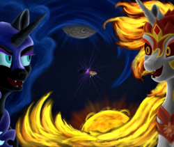 Size: 1024x865 | Tagged: safe, artist:com3tfire, daybreaker, nightmare moon, alicorn, pony, a royal problem, g4, fight, laughing, moon, stars