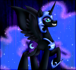 Size: 1303x1200 | Tagged: safe, artist:lada03, nightmare moon, alicorn, pony, g4, female, grin, raised hoof, smiling, solo, spread wings, wings