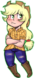 Size: 494x1097 | Tagged: safe, artist:artistcoolpony, applejack, human, g4, blushing, boots, clothes, crossed arms, female, flannel, humanized, jeans, pants, shirt, shoes, simple background, solo, transparent background