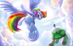 Size: 1700x1080 | Tagged: safe, artist:phuocthiencreation, rainbow dash, tank, pegasus, pony, g4, butt, cloud, featureless crotch, flying, looking back, open mouth, plot, propeller, rainbutt dash, smiling, underhoof