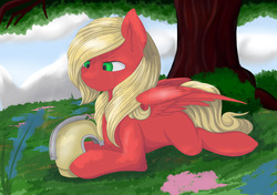 Size: 1280x899 | Tagged: safe, artist:melodis, oc, oc only, oc:melodis, pegasus, pony, grass, helmet, tree