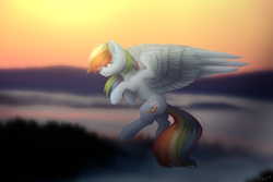 Size: 900x600 | Tagged: safe, artist:nika-rain, rainbow dash, pegasus, pony, g4, dawn, female, flying, fog, mare, morning, side view, sky, solo, windswept mane, wings