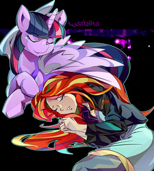 Size: 1600x1780 | Tagged: safe, artist:tyuubatu, sunset shimmer, twilight sparkle, alicorn, human, equestria girls, g4, clothes, comforting, duo, female, humanized, jacket, lesbian, mare, prone, ship:sunsetsparkle, shipping, smiling, twilight sparkle (alicorn), wing blanket