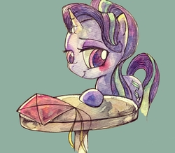 Size: 1348x1182 | Tagged: safe, artist:awk44, starlight glimmer, pony, unicorn, g4, colored pupils, female, kite, looking down, mare, simple background, smiling, solo, table, that pony sure does love kites