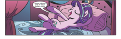 Size: 720x234 | Tagged: safe, edit, idw, starlight glimmer, pony, unicorn, g4, legends of magic #4, my little pony: legends of magic, spoiler:comic, bed, crossed legs, dialogue, draw me like one of your french girls, eyes closed, female, mare, meme, on back, open mouth, pillow, pomf, raised hoof, smiling, solo