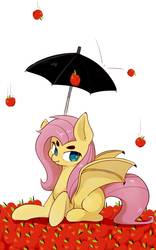 Size: 1000x1600 | Tagged: safe, artist:pinkieeighttwo, fluttershy, bat pony, pony, g4, apple, female, flutterbat, food, prone, race swap, solo, umbrella