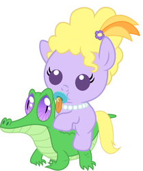 Size: 936x1117 | Tagged: safe, artist:red4567, gummy, lyrica lilac, pony, g4, baby, baby pony, cute, lyrica lilac riding gummy, pacifier, ponies riding gators, riding, simple background, white background