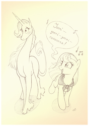 Size: 794x1123 | Tagged: safe, artist:sherwoodwhisper, oc, oc only, oc:eri, classical unicorn, pony, unicorn, cape, clothes, cloven hooves, dialogue, duo, horn, leonine tail, marigold heavenly nostrils, monochrome, phoebe and her unicorn, singing, sketch, traditional art, unshorn fetlocks