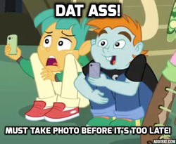 Size: 455x373 | Tagged: safe, edit, edited screencap, screencap, cheerilee, snails, snips, equestria girls, g4, my little pony equestria girls, caption, image macro, male, meme, open mouth, phone, stare, the ass was fat