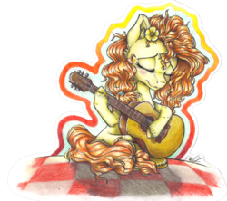 Size: 2860x2545 | Tagged: safe, artist:gaelledragons, pear butter, pony, g4, the perfect pear, eyes closed, female, flower, flower in hair, guitar, high res, picnic blanket, simple background, solo, transparent background