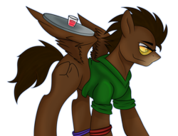 Size: 2178x1660 | Tagged: safe, artist:wulfanite, oc, oc only, oc:bumper, pegasus, pony, clothes, drink, glasses, hoofbump, request, requested art, shirt, solo, tray, wristband