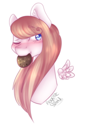 Size: 699x1016 | Tagged: safe, artist:angelic-shield, derpibooru exclusive, oc, oc only, oc:angelic shield, pegasus, pony, blushing, bust, cookie, female, food, mare, simple background, solo, transparent background
