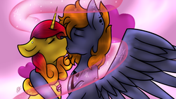Size: 600x338 | Tagged: safe, artist:snows-undercover, oc, oc only, oc:charred smoke, oc:golden rose (ice1517), pegasus, pony, unicorn, couple, duo, ear piercing, earring, eyes closed, female, french kiss, hug, jewelry, kissing, lesbian, mare, necklace, piercing, tattoo
