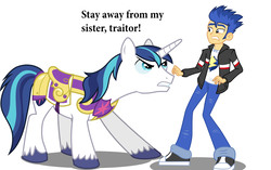 Size: 2889x1813 | Tagged: safe, artist:conthauberger, flash sentry, shining armor, pony, unicorn, equestria girls, g4, flash hate, hypocrisy, implied flashlight, implied shipping, implied straight, male, overprotective armor, shining asshole, stallion