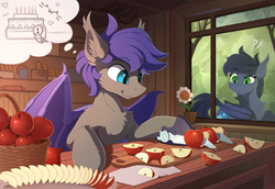 Size: 2250x1545 | Tagged: safe, artist:yakovlev-vad, oc, oc only, oc:au hasard, oc:halfmoon, bat pony, pony, apple, cake, claw, duo, female, food, hoof blades, hoof-friendly tool, kitchen, male, mare, metal claws, smiling, stallion, thought bubble, window