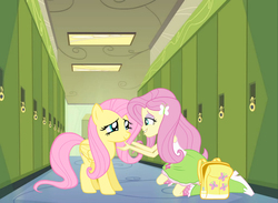 Size: 3485x2555 | Tagged: safe, artist:conthauberger, fluttershy, human, pegasus, pony, equestria girls, g4, bag, boots, canterlot high, clothes, cute, female, high res, human ponidox, mare, self ponidox, shoes, shyabetes, skirt, socks, square crossover